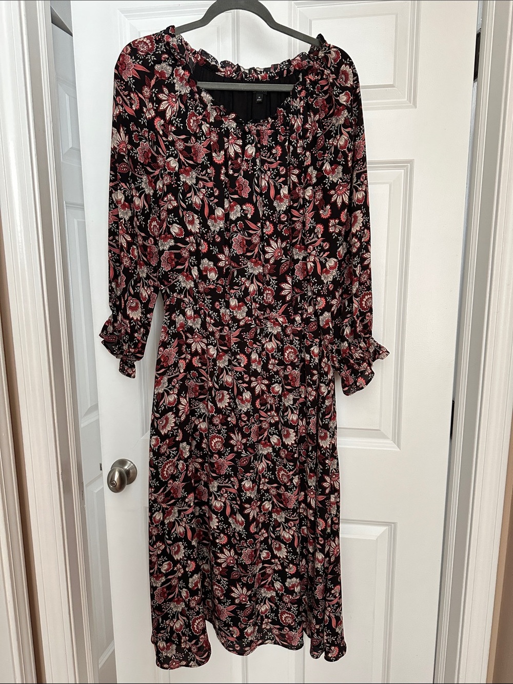 Talbots Black Midi Dress with Pink & Burgandy Floral Pattern